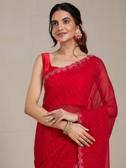Vervee Couture Red Solid Poly Georgette Saree with Scalloped Border | EKA