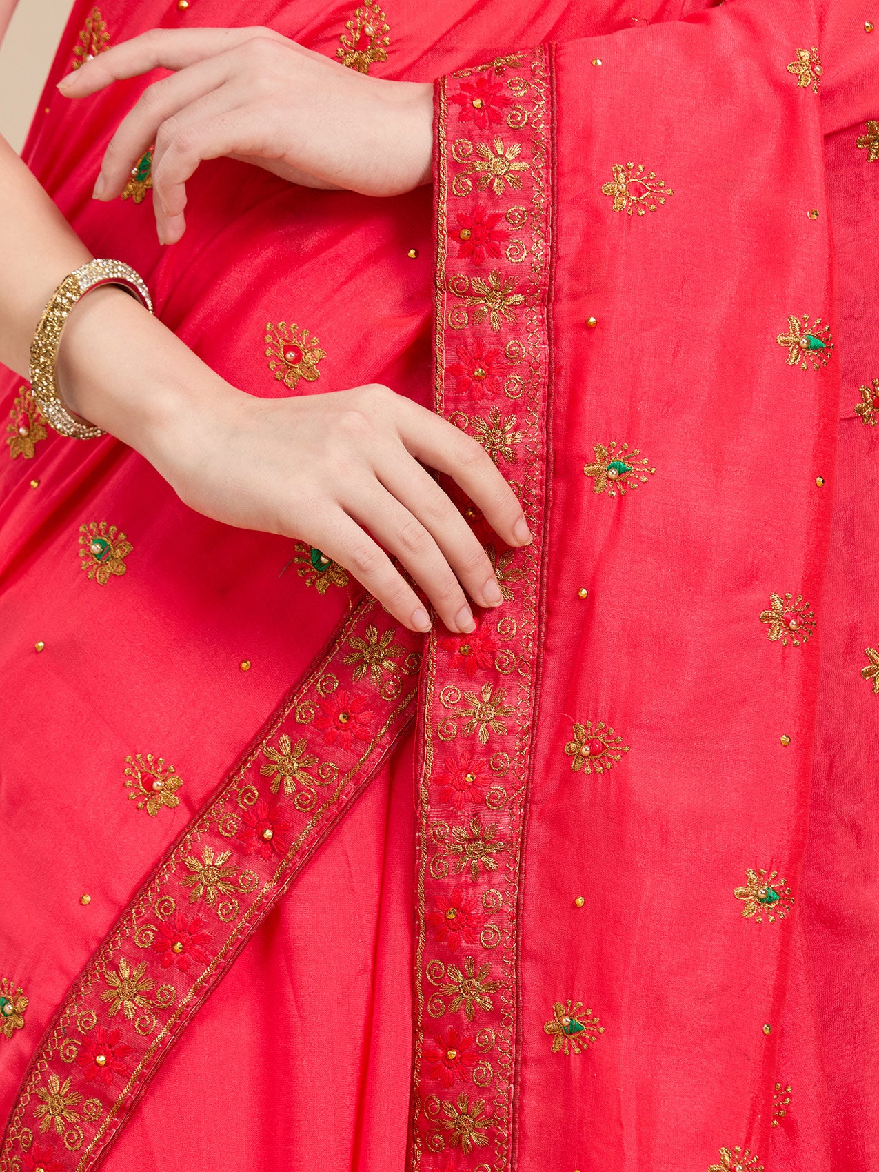 Vervee Couture Pink Poly Georgette Saree with Embellished Border | EKA