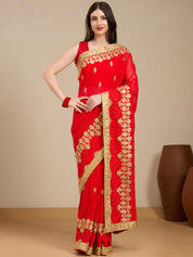 Vervee Couture Red Poly Georgette Saree with Heavy Zari Border | EKA