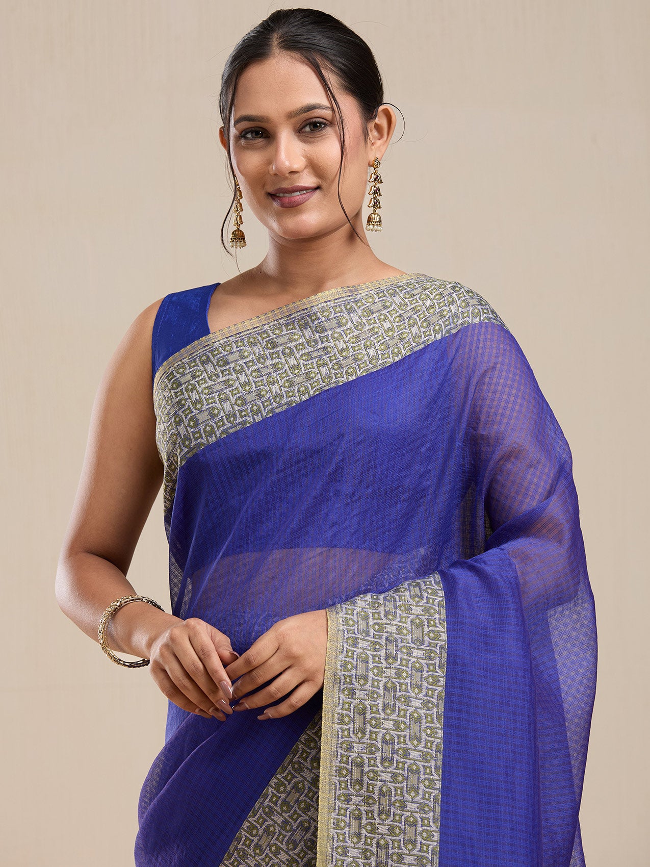 Vervee Couture Blue Woven Silk Blend Saree with Zari Border and Semi Stitched Blouse | EKA