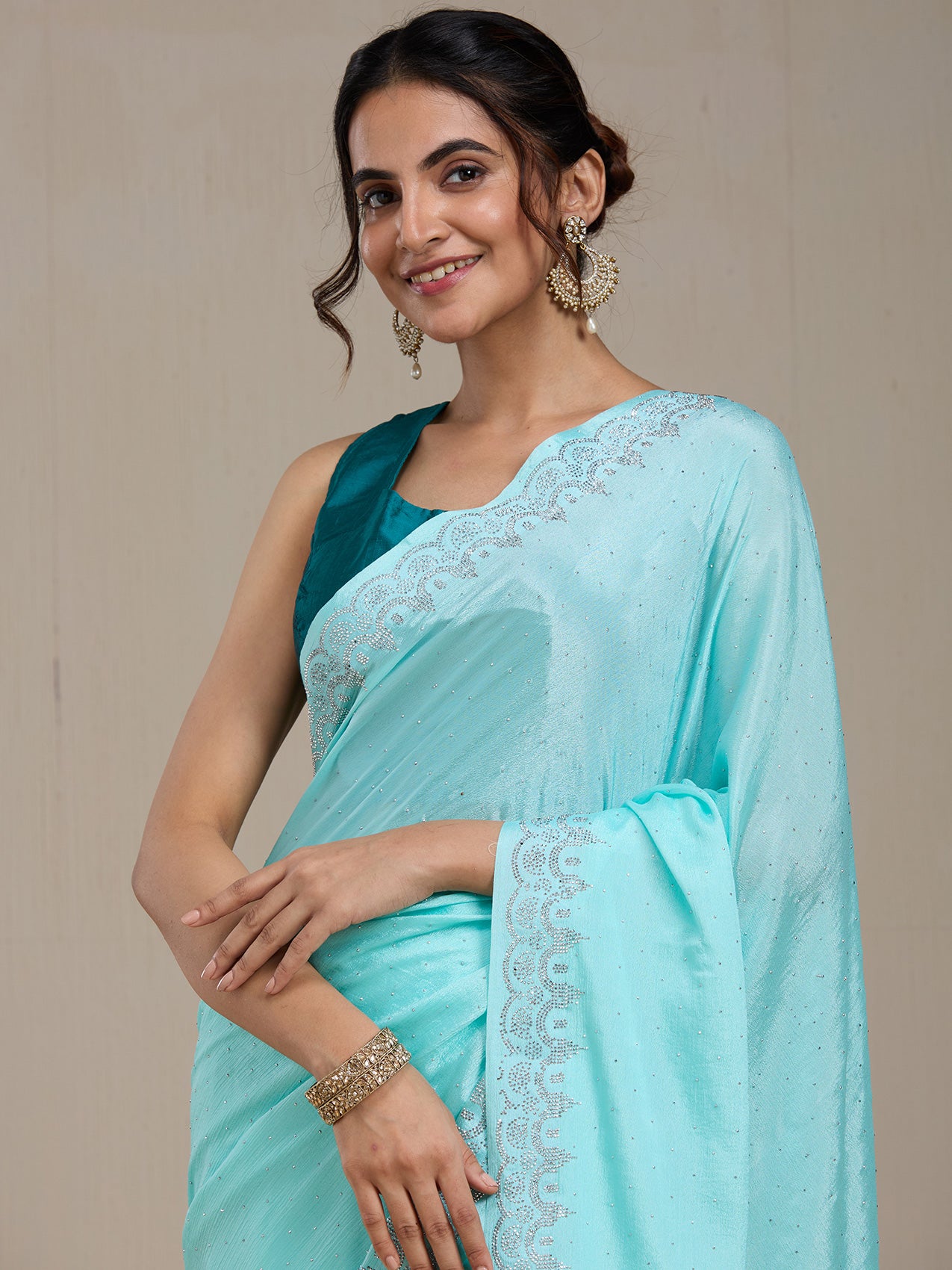 Vervee Couture Turquoise Blue Poly Georgette Embellished Saree | EKA