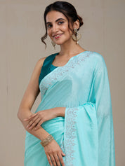 Vervee Couture Turquoise Blue Poly Georgette Embellished Saree | EKA