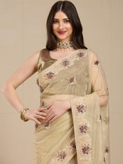 Vervee Couture Beige Silk Blend Saree with Zari Embroidered Motifs | EKA