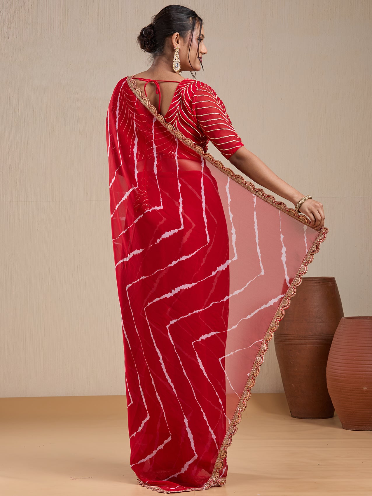 Vervee Couture Red Tie Dye Poly Georgette Saree with Embellished Border | EKA