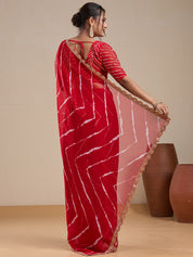 Vervee Couture Red Tie Dye Poly Georgette Saree with Embellished Border | EKA