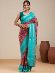 Vervee Couture Teal Red Floral Silk Blend Saree | EKA