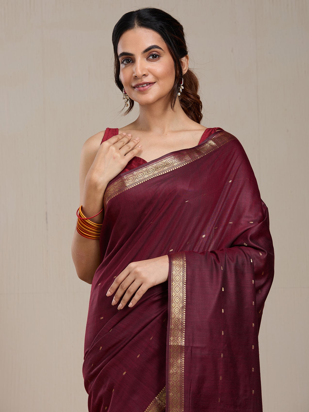 Vervee Couture Maroon Woven Silk Blend Saree with Zari Border | EKA