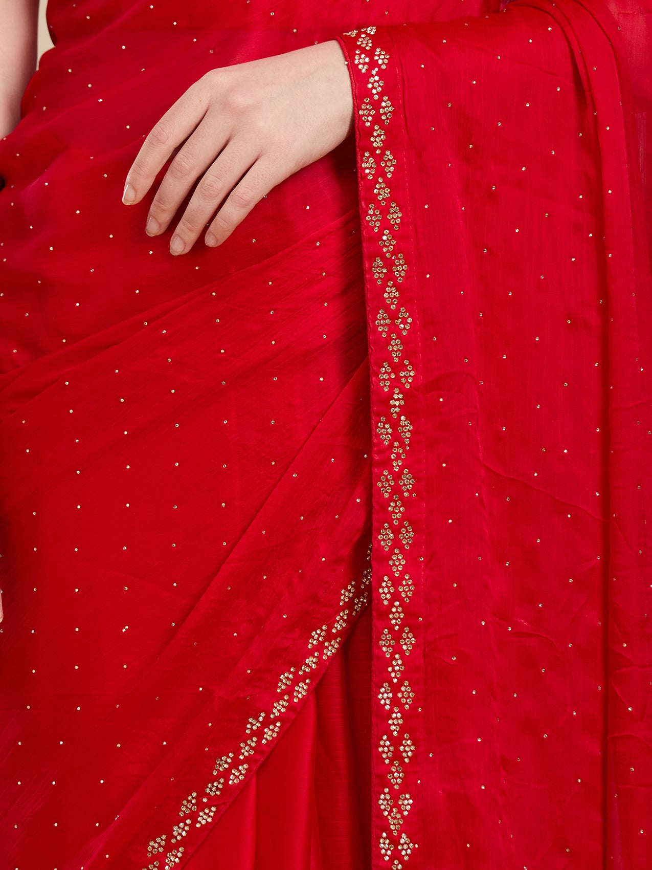 Vervee Couture Red Poly Georgette Saree with Subtle Embellished Border | EKA