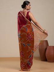 Vervee Couture Maroon Printed Silk Blend Saree with Semi Stitched Blouse | EKA