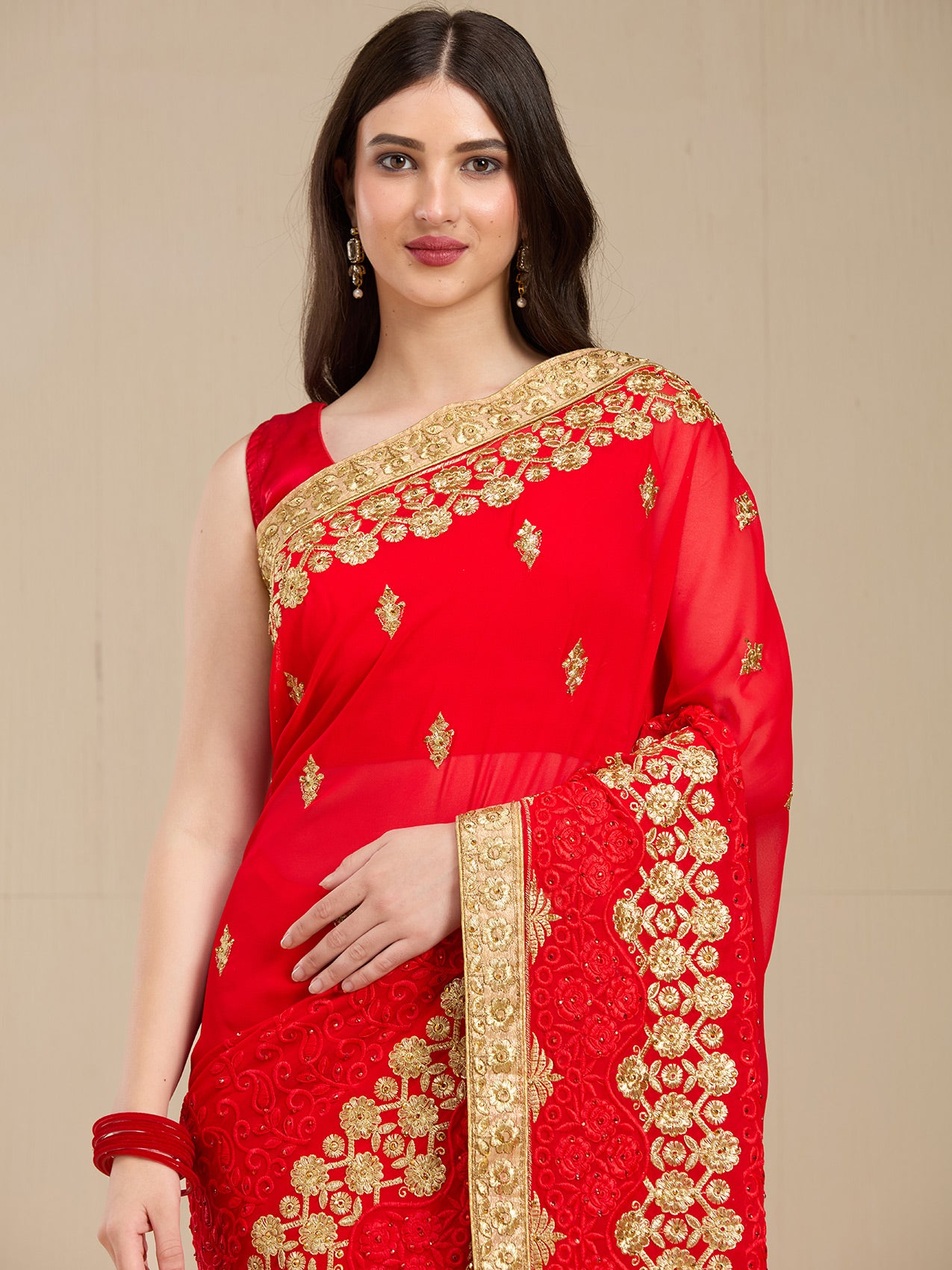 Vervee Couture Red Poly Georgette Saree with Heavy Zari Border | EKA