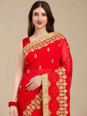 Vervee Couture Red Poly Georgette Saree with Heavy Zari Border | EKA