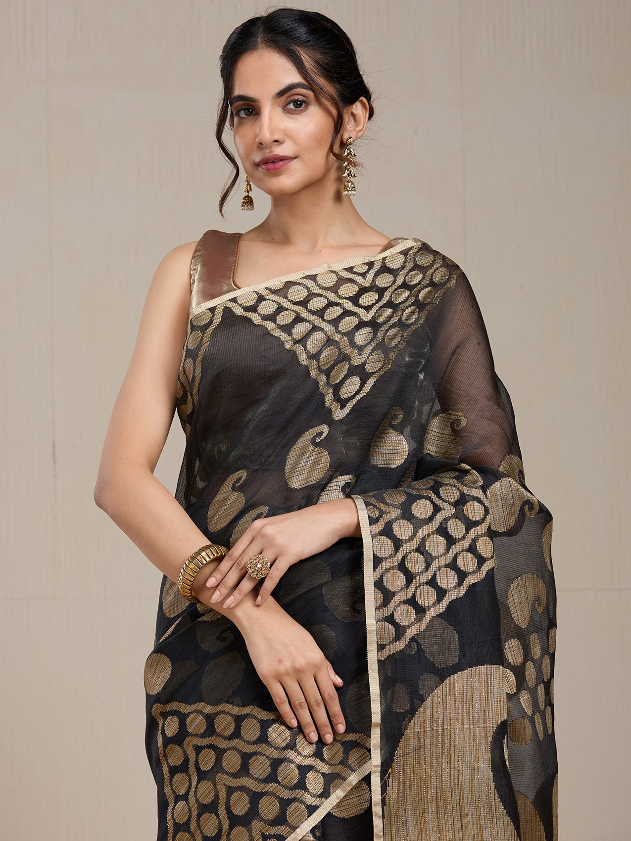 Vervee Couture Black Gold Printed Silk Blend Saree with Semi Stitched Blouse | EKA