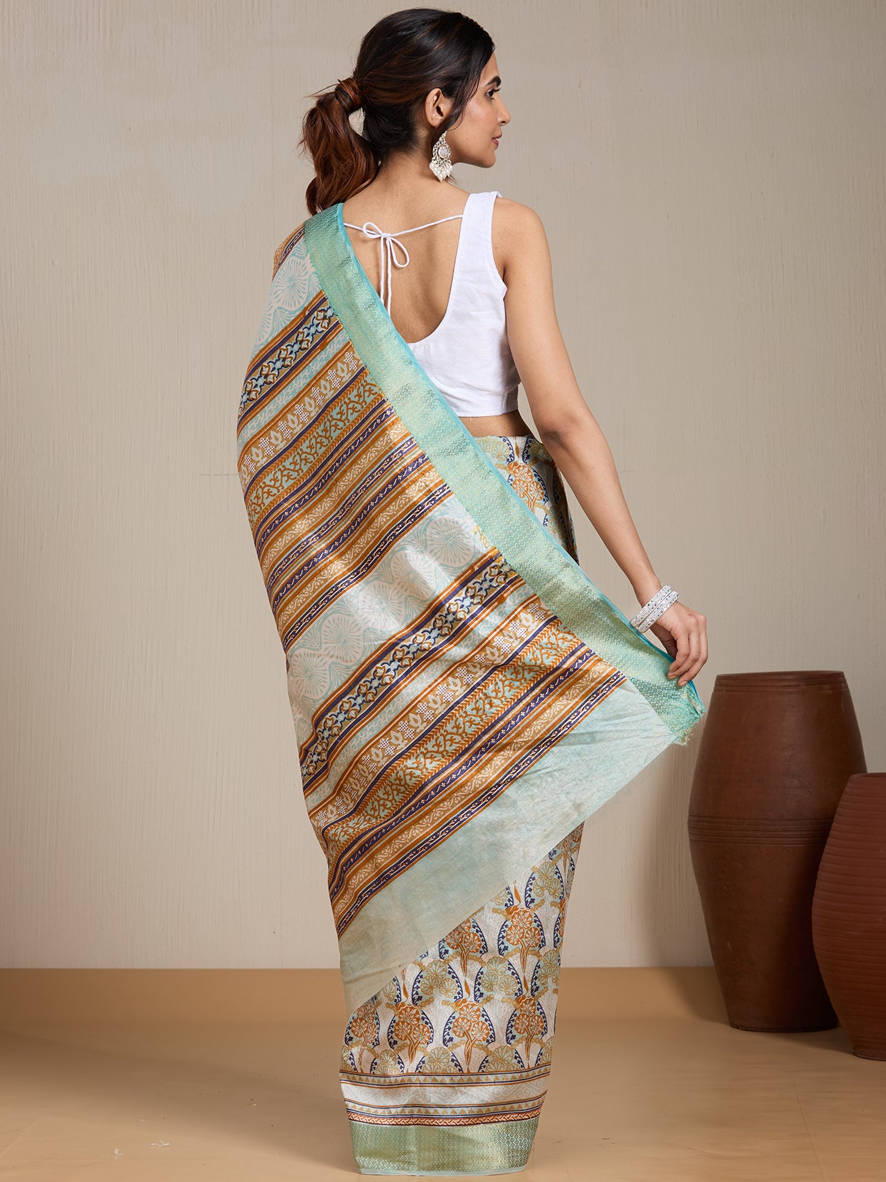 Vervee Couture Cream Green Ethnic Printed Silk Blend Saree with Zari Border | EKA