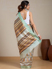 Vervee Couture Cream Green Ethnic Printed Silk Blend Saree with Zari Border | EKA