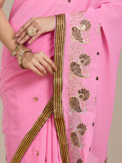 Vervee Couture Pink Embellished Poly Georgette Saree with Zari Work | EKA
