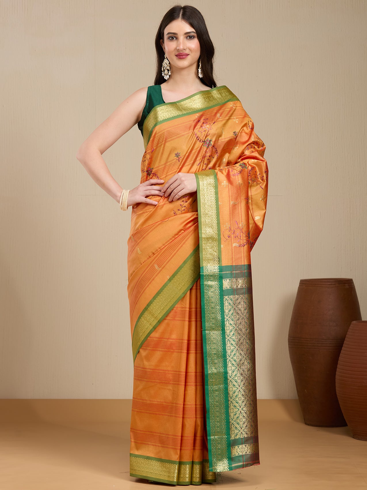 Vervee Couture Orange Silk Blend Saree with Green Zari Border | EKA