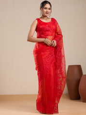 Vervee Couture Red Pure Net Saree with Sequinned Work | EKA