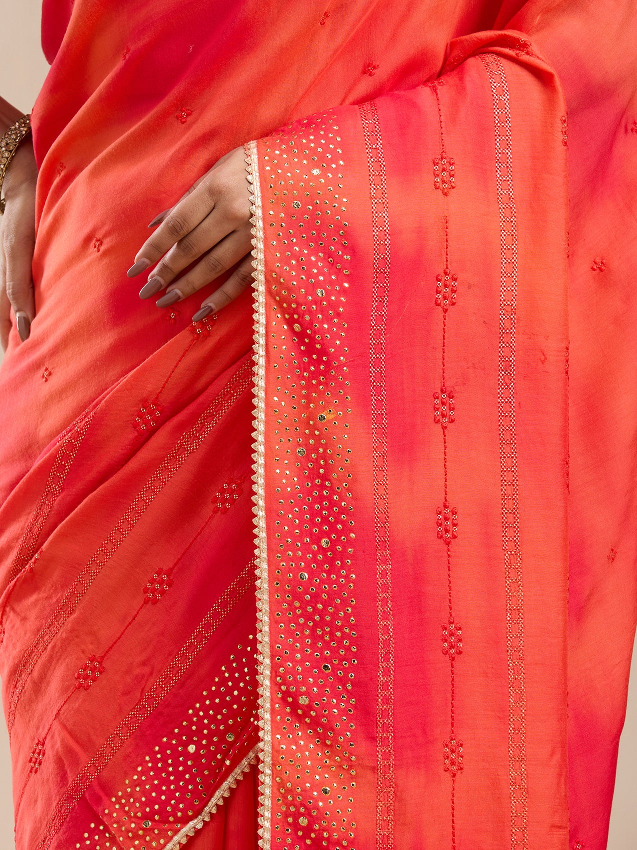 Vervee Couture Orange Poly Georgette Saree with Sequinned Border and Semi Stitched Blouse | EKA