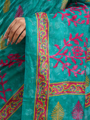 Vervee Couture Teal Pink Printed Poly Georgette Saree with Semi Stitched Blouse | EKA
