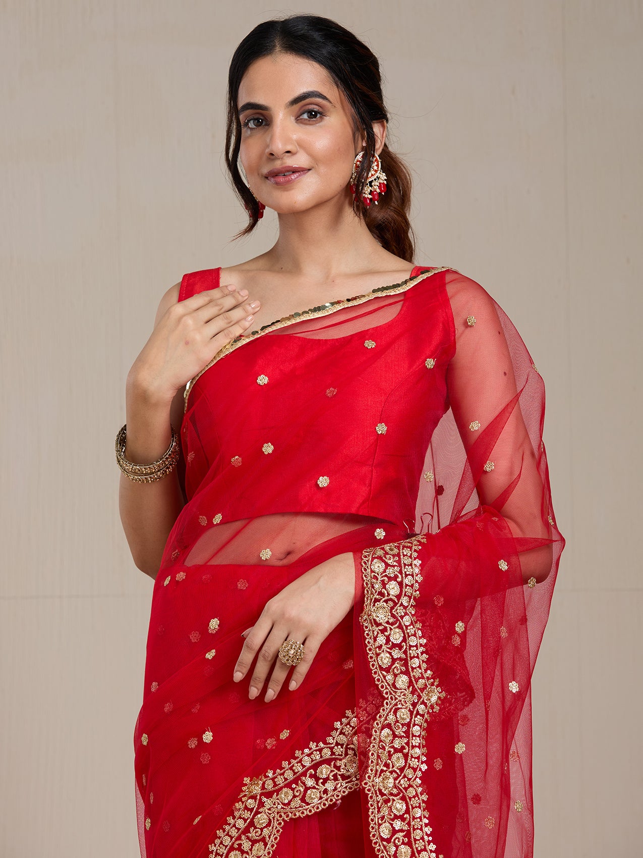 Vervee Couture Red Embellished Pure Net Saree with Sequinned Work | EKA
