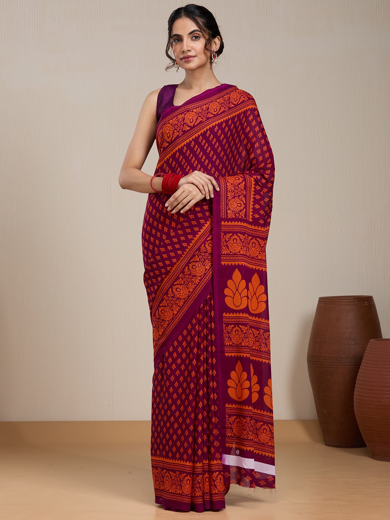 Vervee Couture Magenta Orange Printed Poly Georgette Saree | EKA