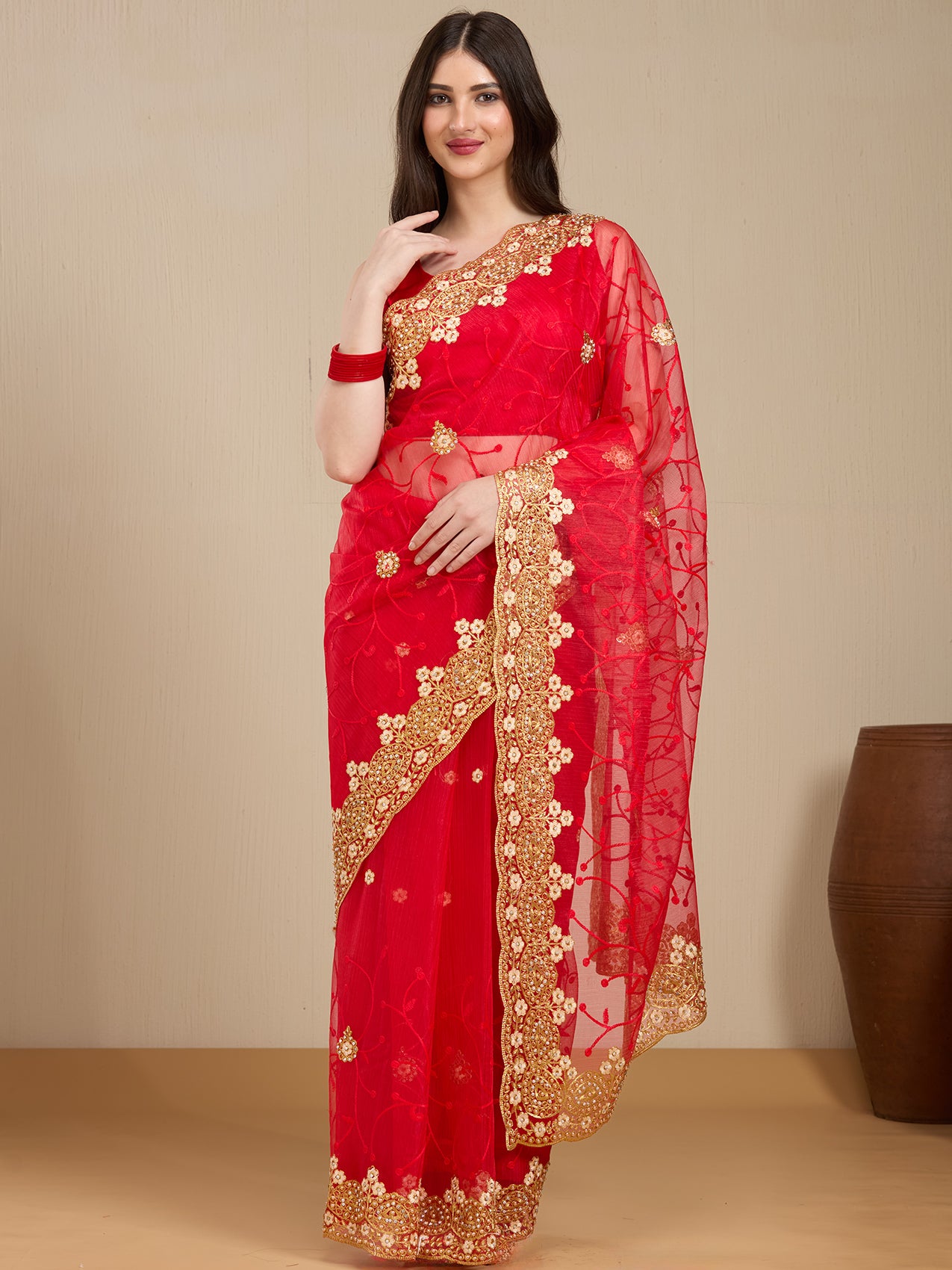 Vervee Couture Red Pure Net Saree with Floral Zari Border | EKA