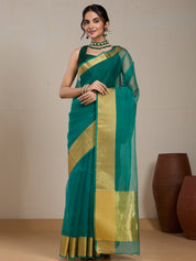 Vervee Couture Teal Blue Gold Silk Blend Saree | EKA