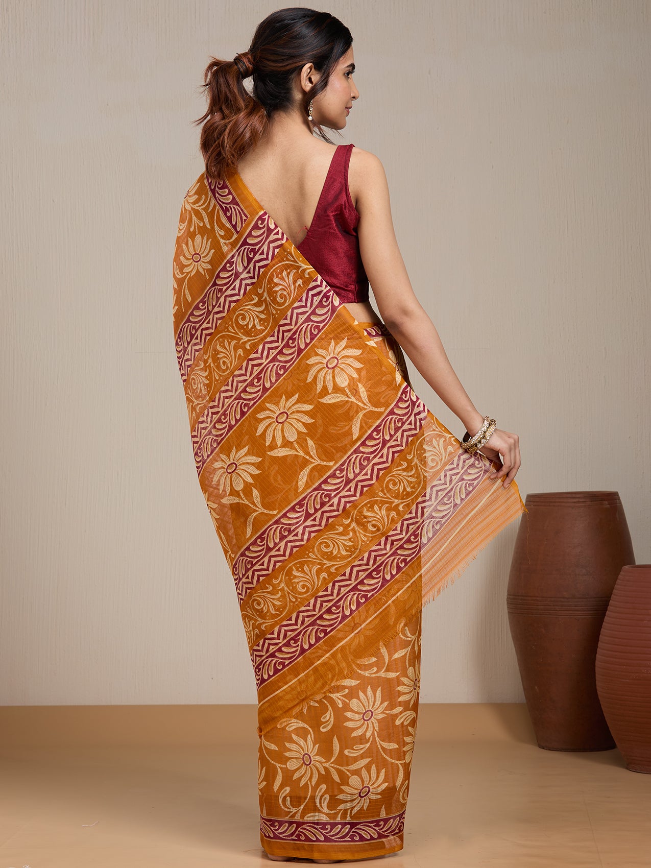 Vervee Couture Mustard Floral Printed Silk Blend Saree with Contrast Border | EKA