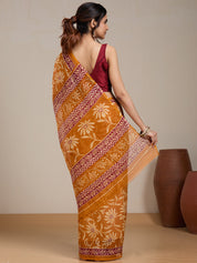 Vervee Couture Mustard Floral Printed Silk Blend Saree with Contrast Border | EKA