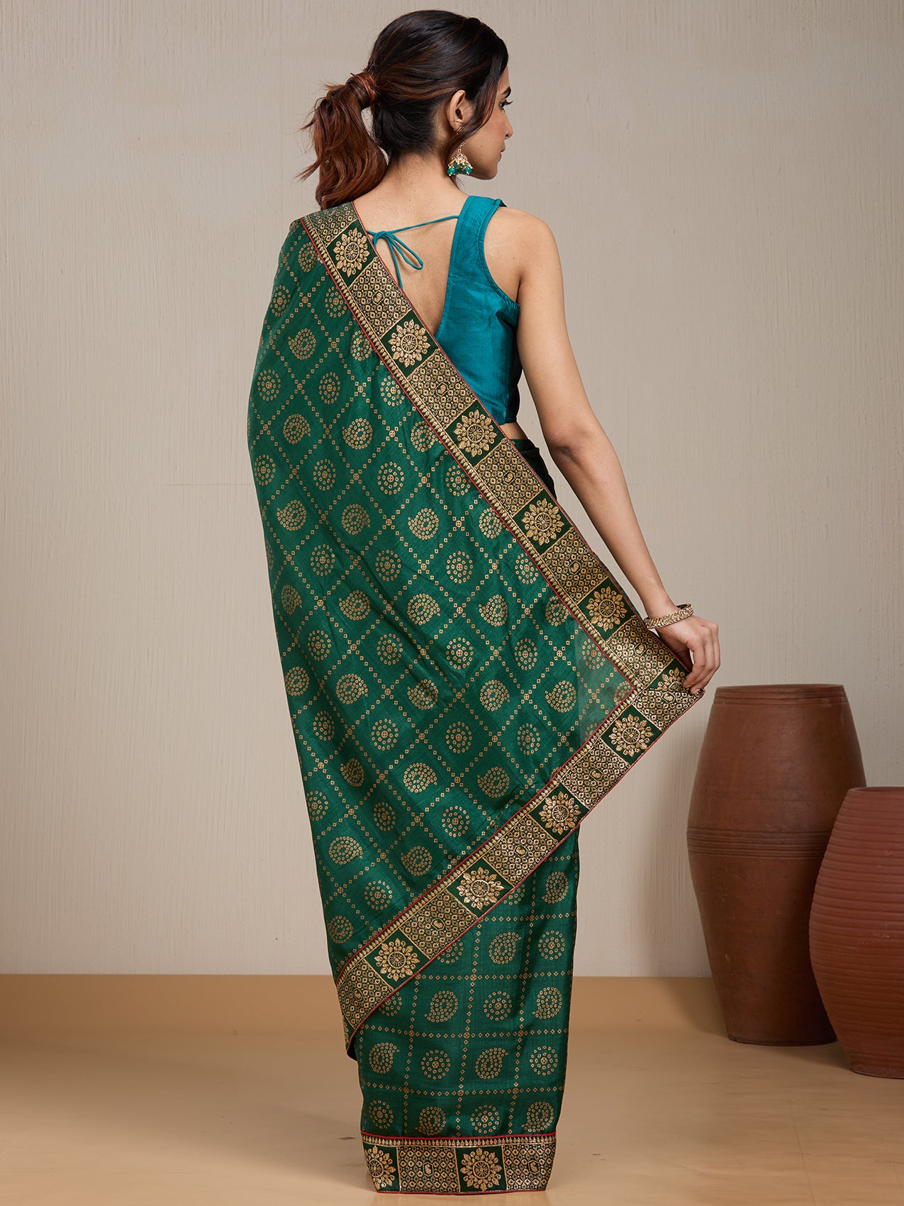 Vervee Couture Green Silk Blend Saree with Woven Zari Design | EKA