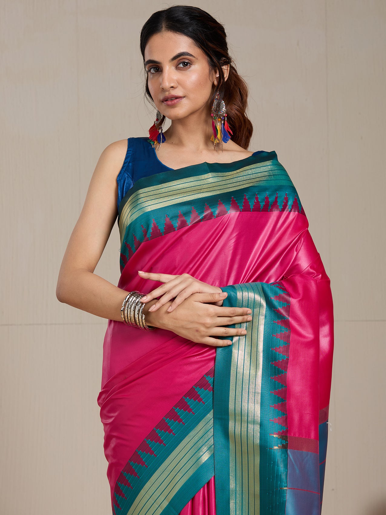 Vervee Couture Pink Teal Woven Silk Blend Saree | EKA