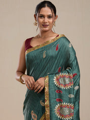 Vervee Couture Teal Green Silk Blend Saree with Ethnic Motifs and Semi Stitched Blouse | EKA