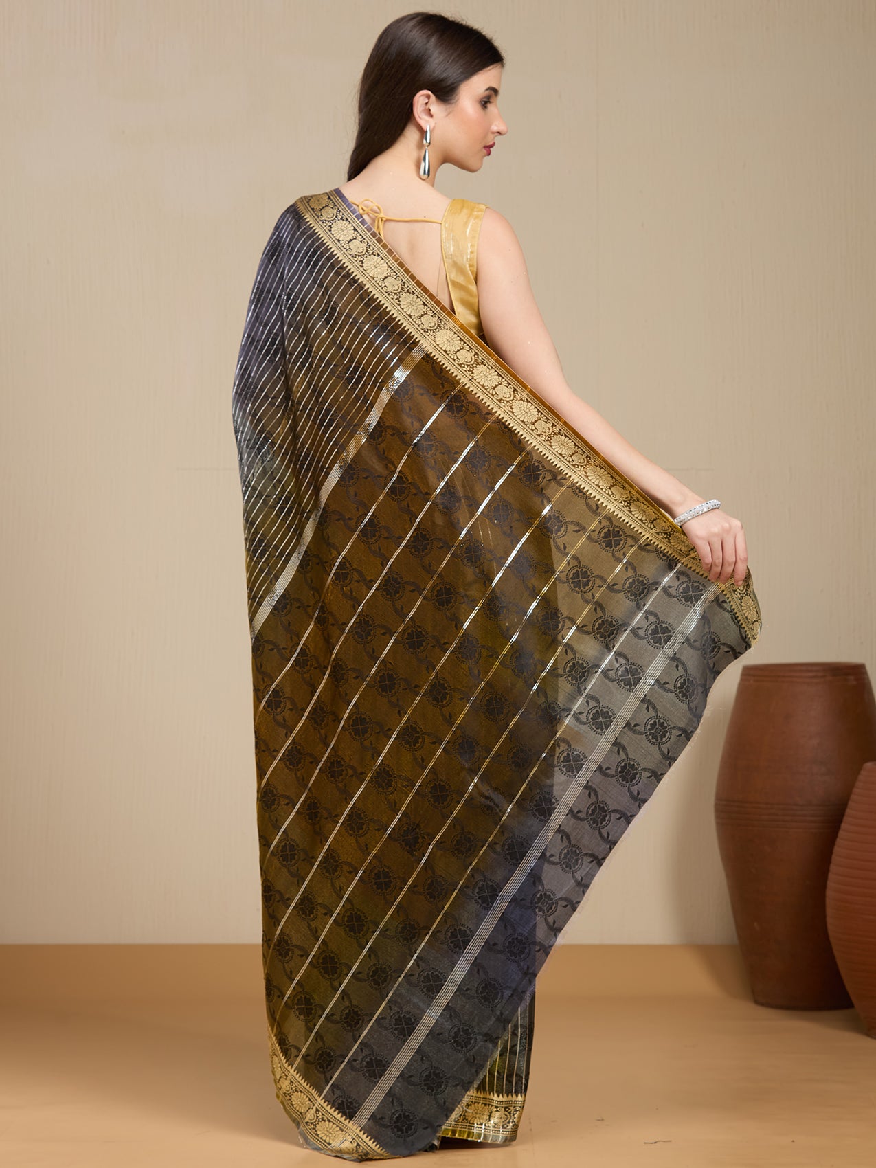 Vervee Couture Black Silk Blend Saree with Zari Border | EKA