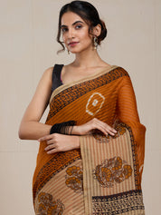 Vervee Couture Orange Beige Printed Poly Georgette Saree | EKA