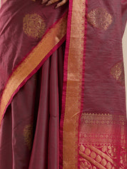 Vervee Couture Maroon Silk Blend Saree with Zari Border and Semi Stitched Blouse | EKA