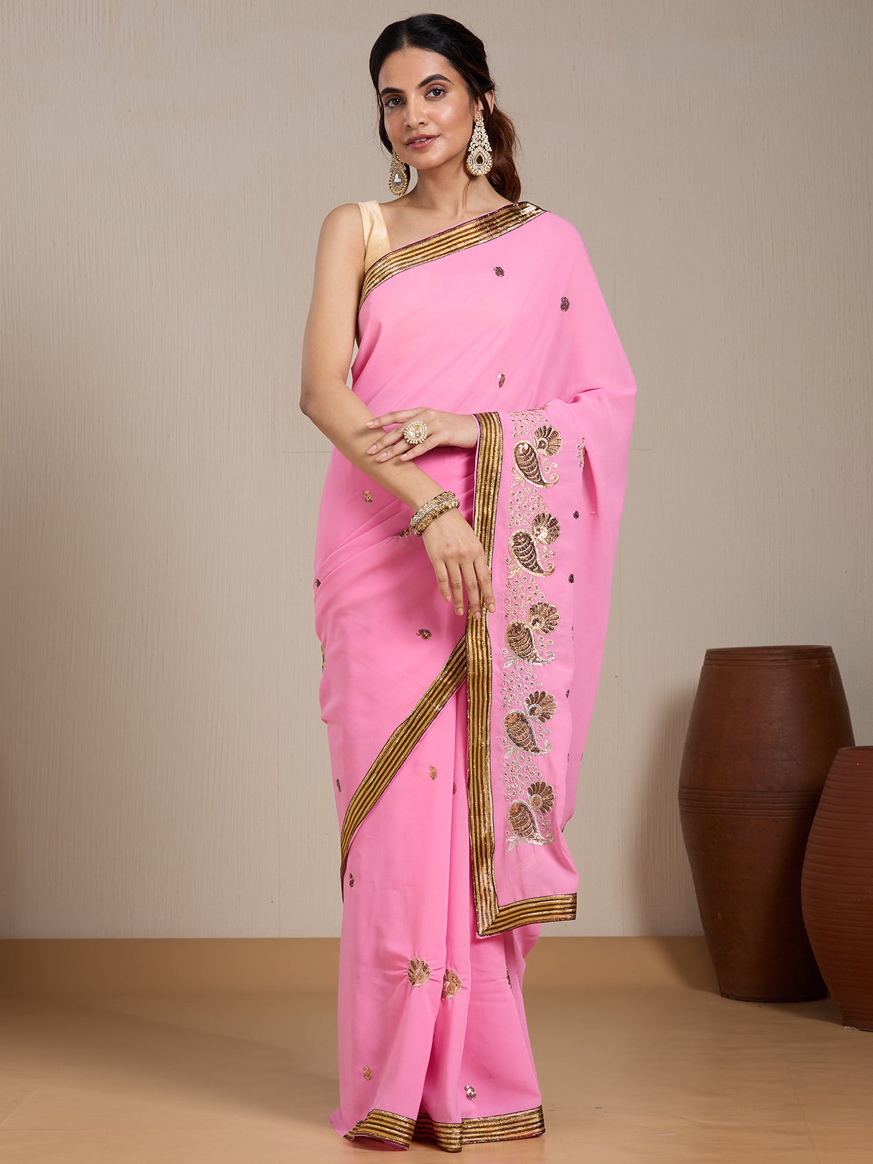 Vervee Couture Pink Embellished Poly Georgette Saree with Zari Work | EKA