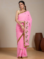 Vervee Couture Pink Embellished Poly Georgette Saree with Zari Work | EKA