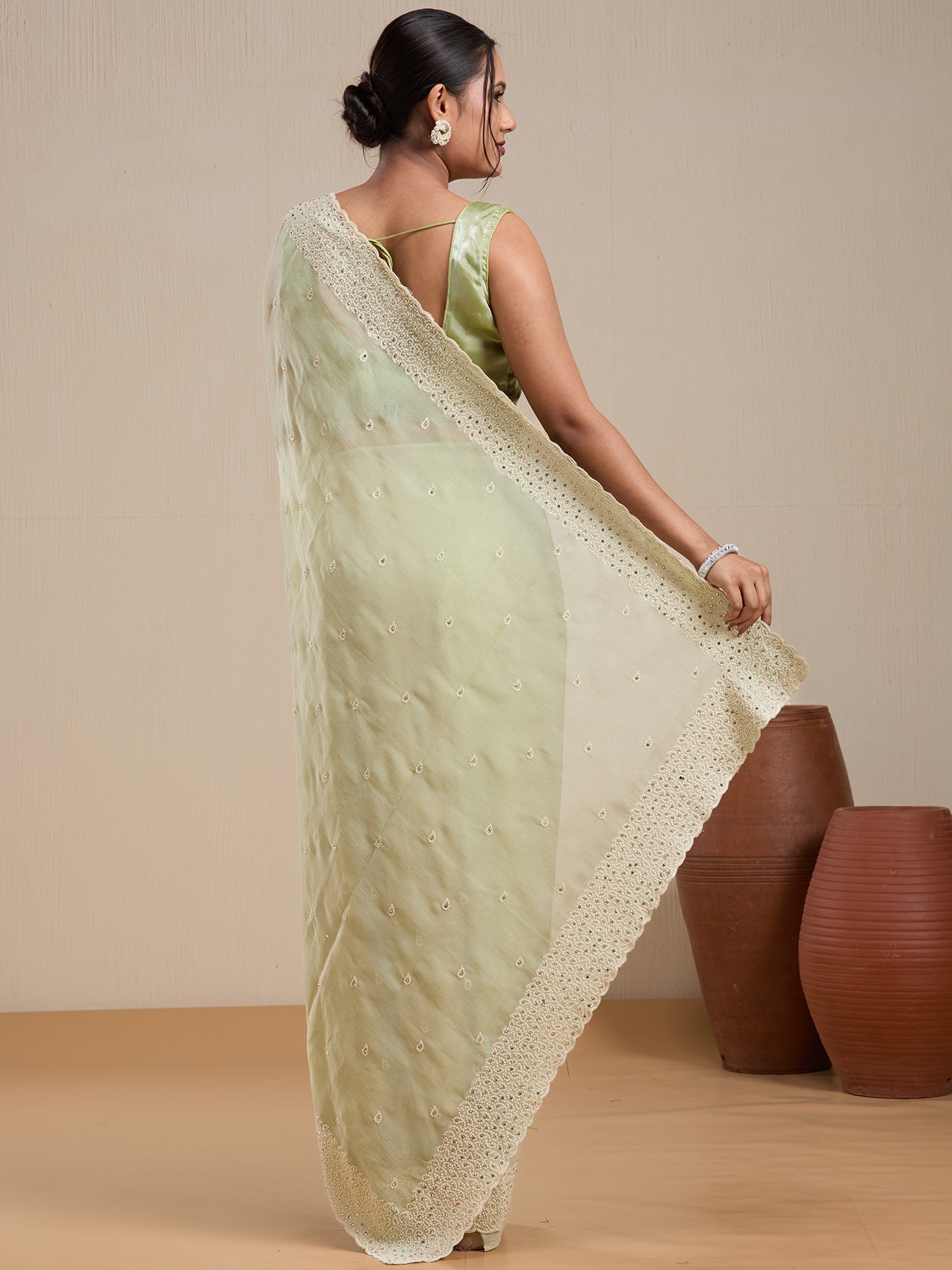Vervee Couture Green Poly Georgette Saree with Lace Border and Semi Stitched Blouse | EKA