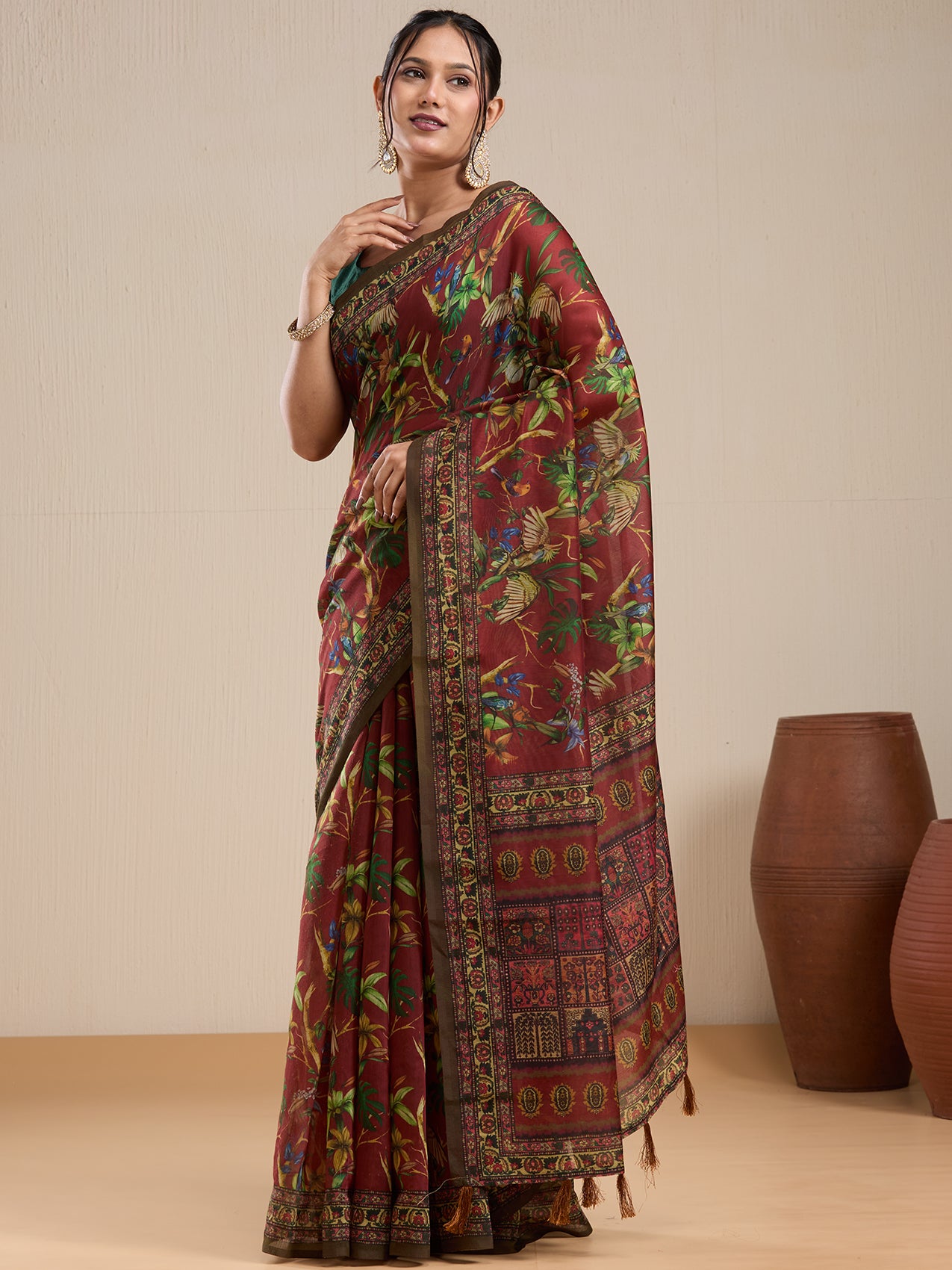 Vervee Couture Maroon Floral Silk Blend Saree with Decorative Border | EKA
