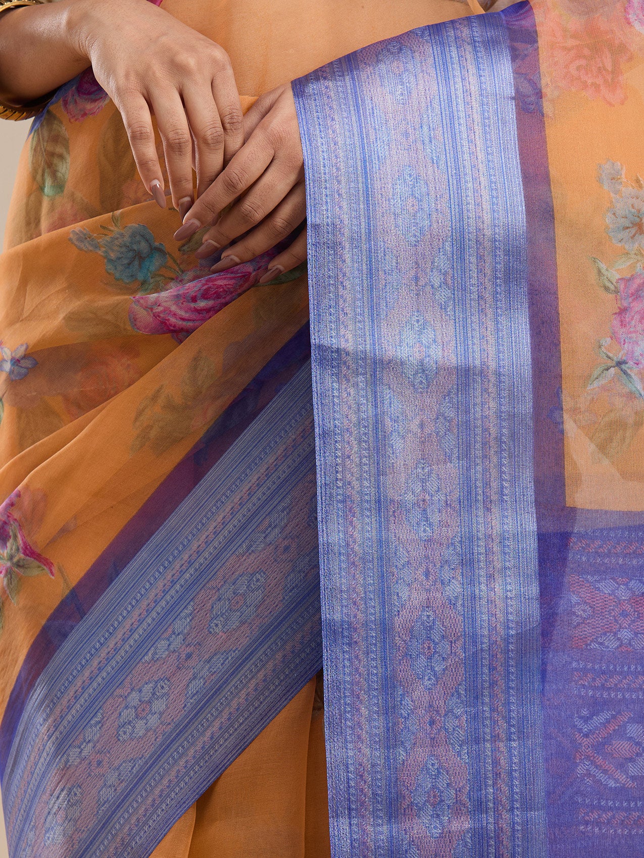 Vervee Couture Orange Blue Floral Silk Blend Saree | EKA