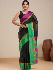 Vervee Couture Black Silk Blend Saree with Zari Border and Semi Stitched Blouse | EKA