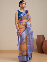 Vervee Couture Orange Blue Floral Silk Blend Saree | EKA
