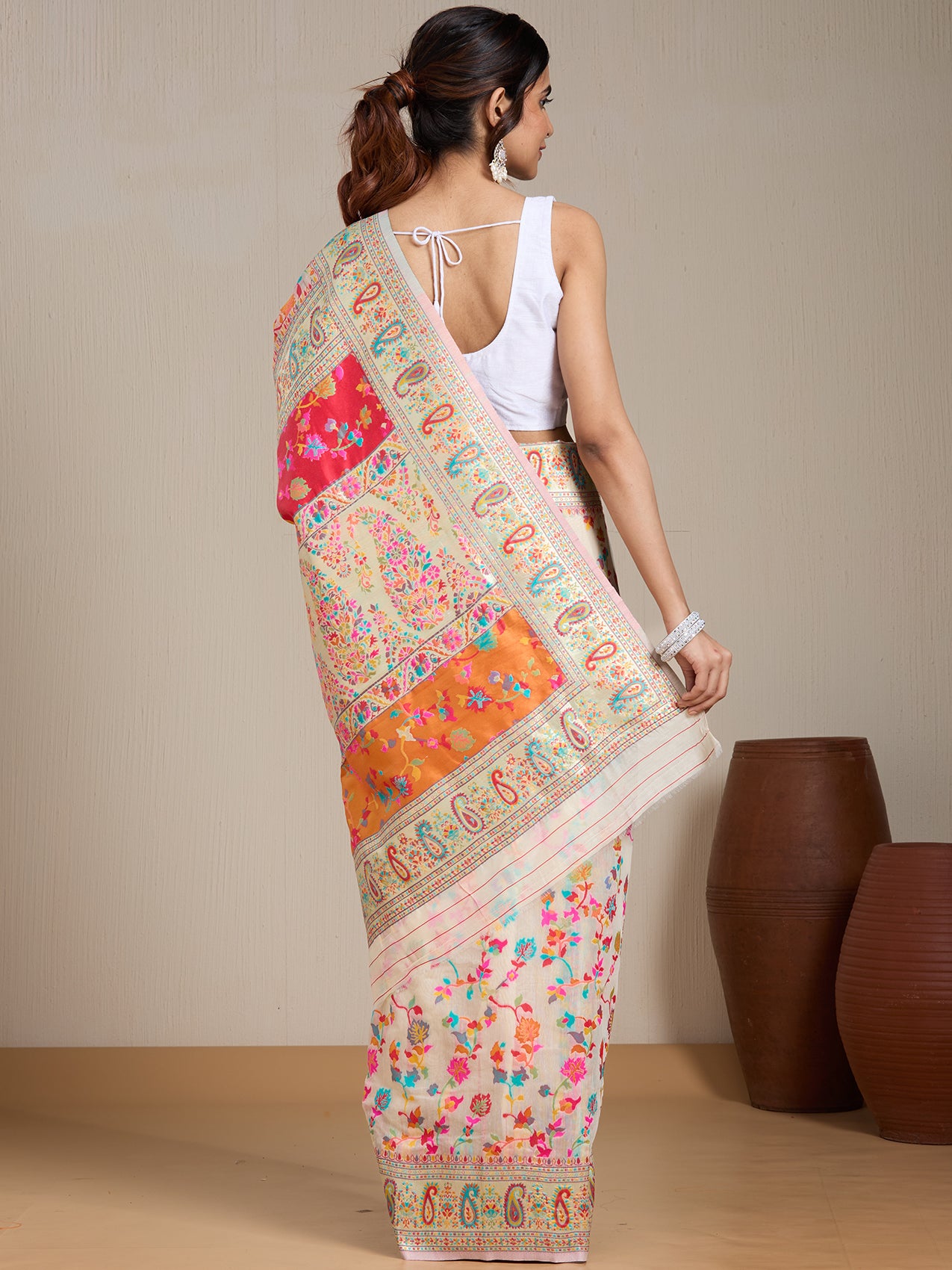 Vervee Couture Cream Multicolored Woven Floral Silk Blend Saree | EKA