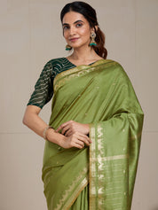 Vervee Couture Olive Green Gold Woven Silk Blend Saree with Semi Stitched Blouse | EKA