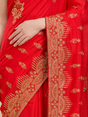 Vervee Couture Red Poly Georgette Saree with Traditional Zari Design | EKA