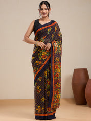 Vervee Couture Black Floral Poly Georgette Saree with Contrast Border and Semi Stitched Blouse | EKA