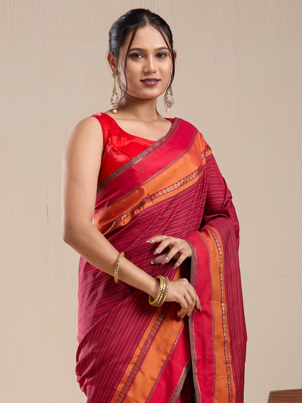 Vervee Couture Red Striped Silk Blend Saree with Contrast Border and Semi Stitched Blouse | EKA