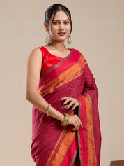 Vervee Couture Red Striped Silk Blend Saree with Contrast Border and Semi Stitched Blouse | EKA