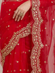 Vervee Couture Red Embellished Pure Net Saree with Sequinned Work | EKA