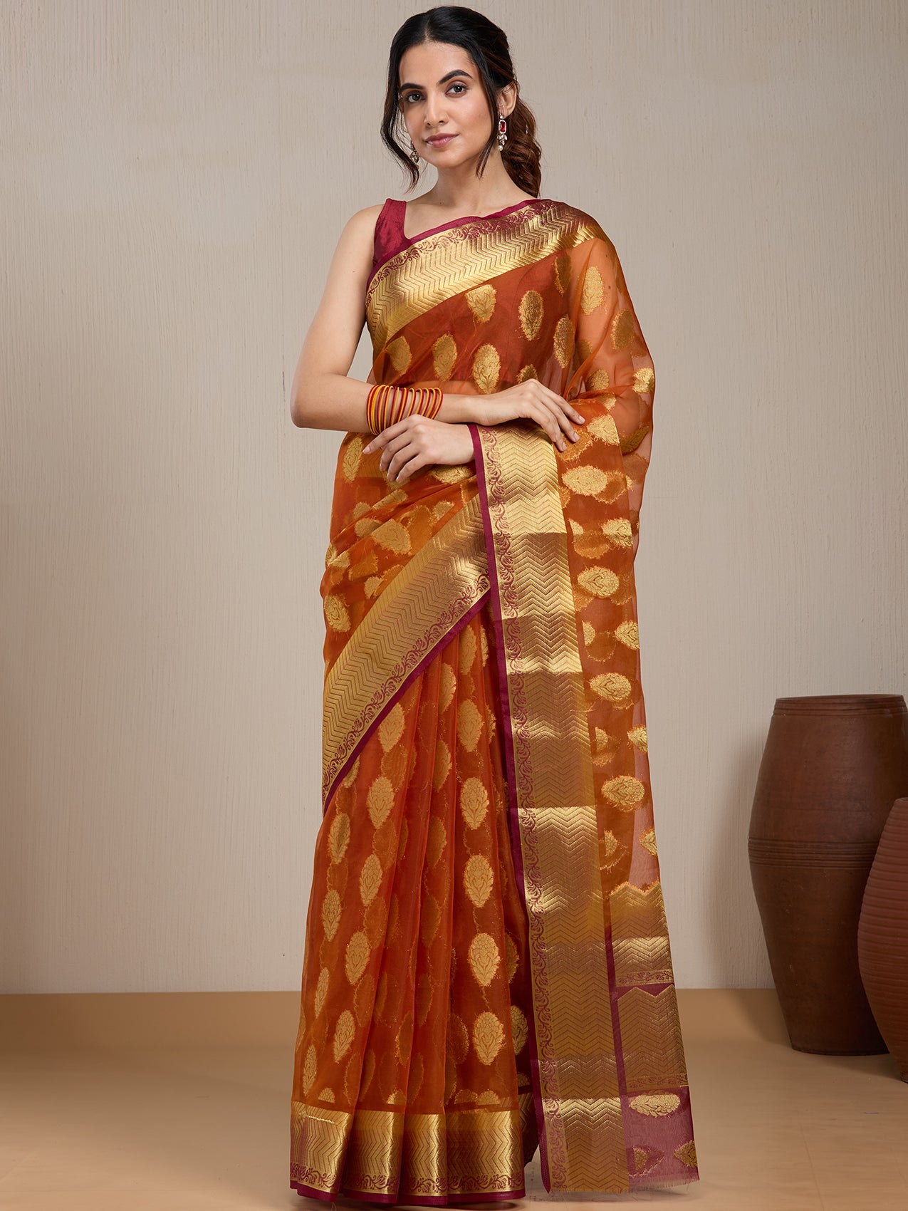 Vervee Couture Orange Woven Silk Blend Saree with Zari Border | EKA